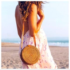 Bali Round Rattan Straw Handwoven Bag 💛 Lined Hawaiian Print 💚 Peach tassels